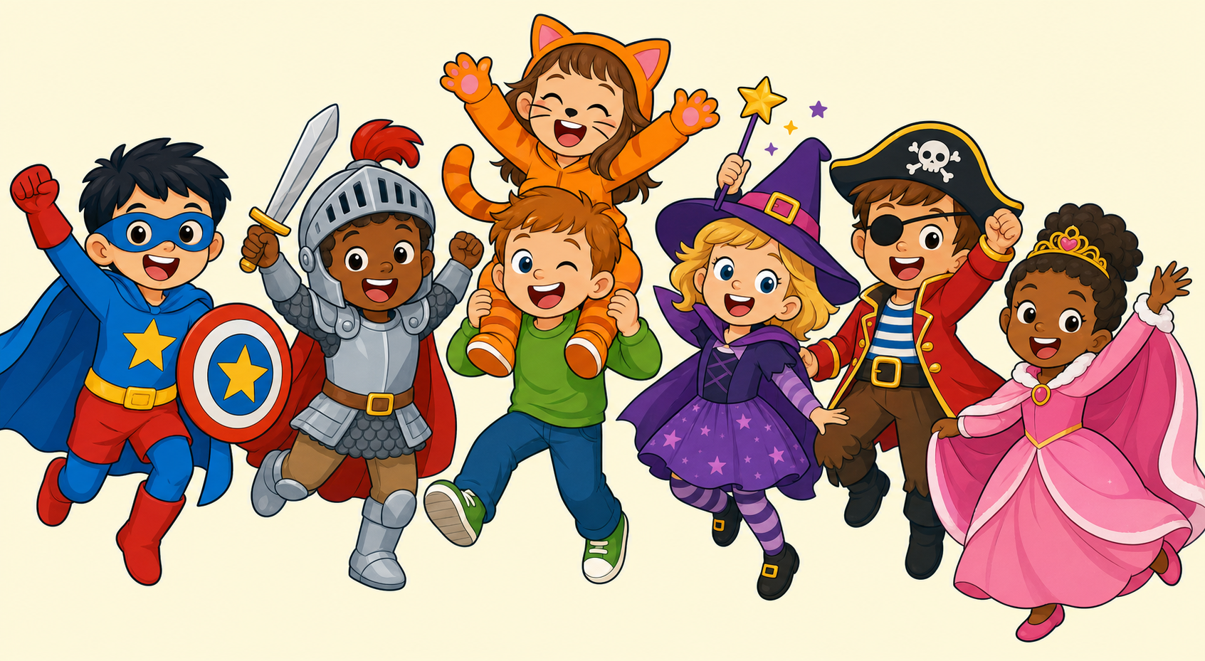 Illustration of preschoolers in superhero, knight, cat, fairy, and pirate costumes