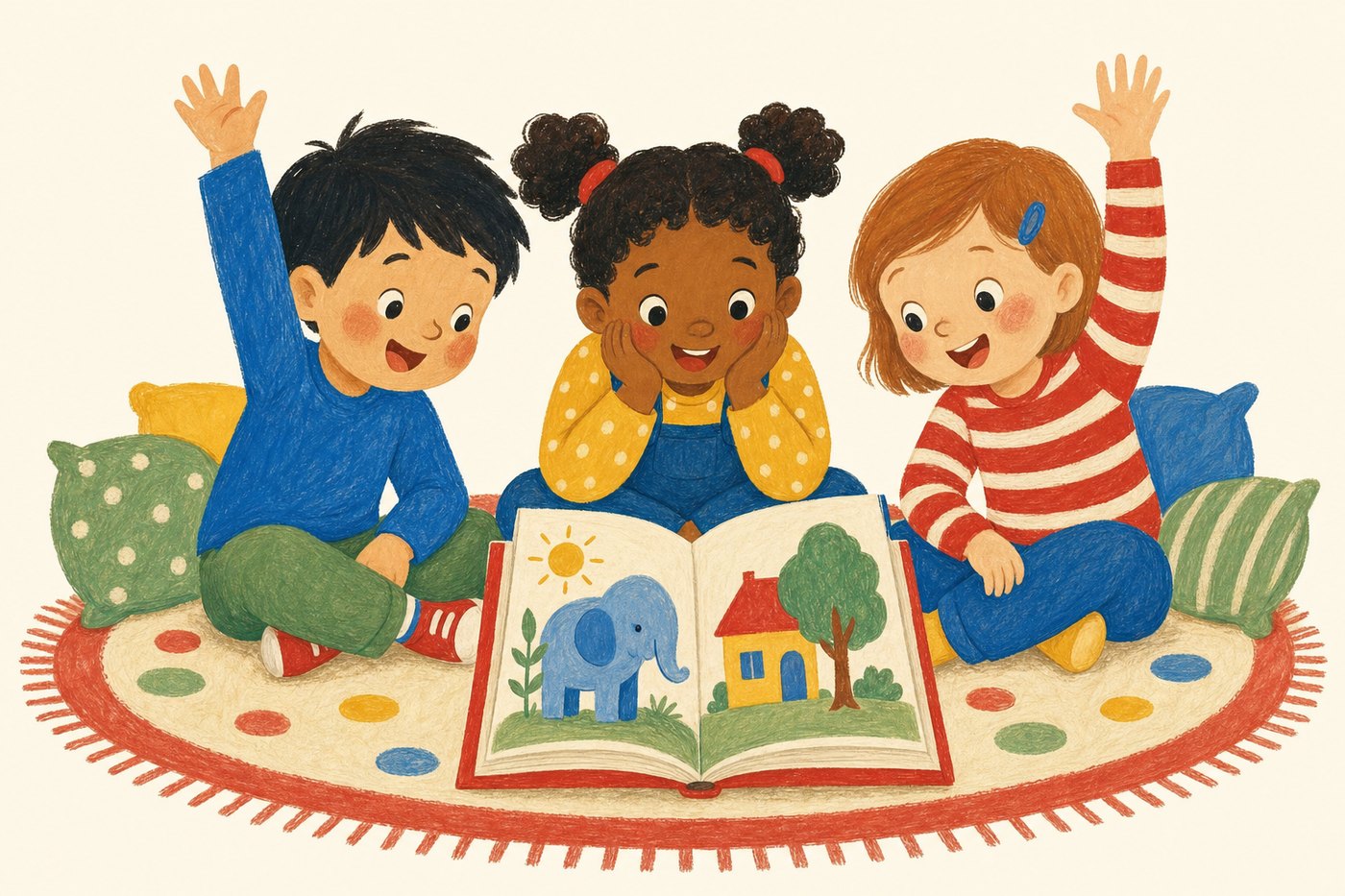 Three children sitting on a rug together sharing an open picture book